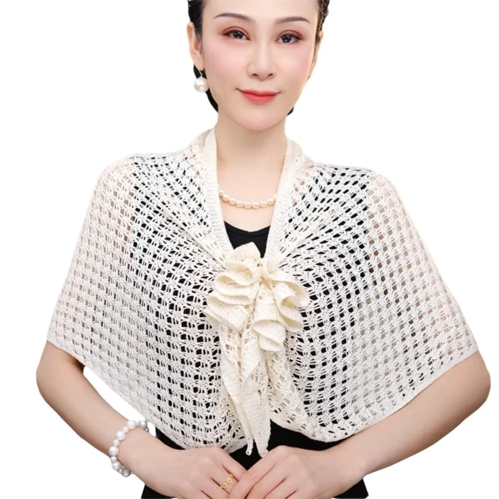 Sparkly Design Hollow Out Cardigan Front Buckle Design Short Sleeve Ice Silk Wrap Floral Pattern Cotton Material Triangle Shawl view 2