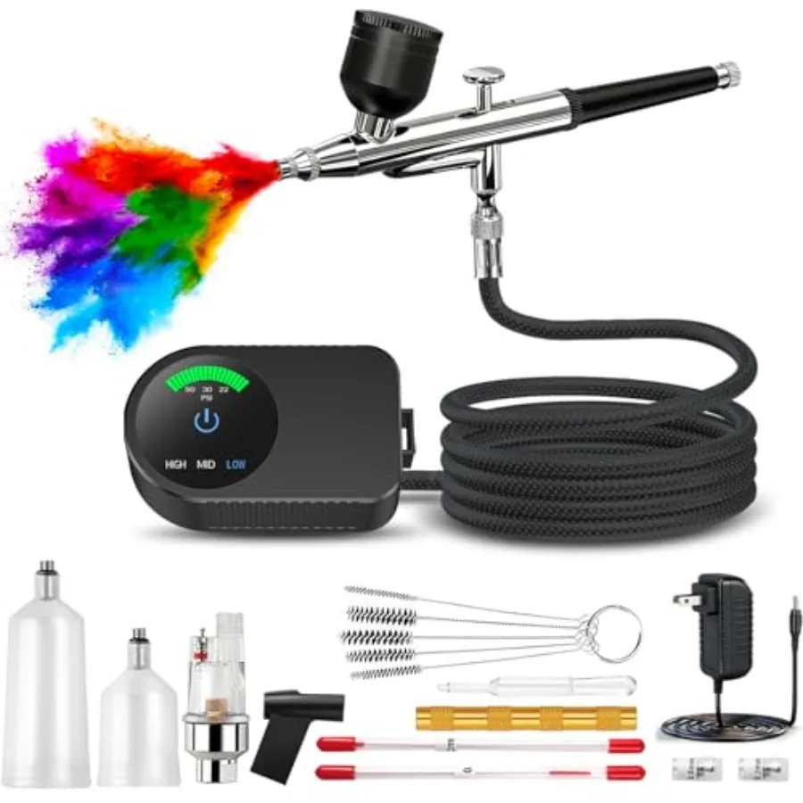 

Airbrush Kit with Air Compressor, 22/30/50 PSI High Pressure Air Brush Non-Clogging with 0.2/0.3/0.5mm Nozzle/Cleaning Sets, Id