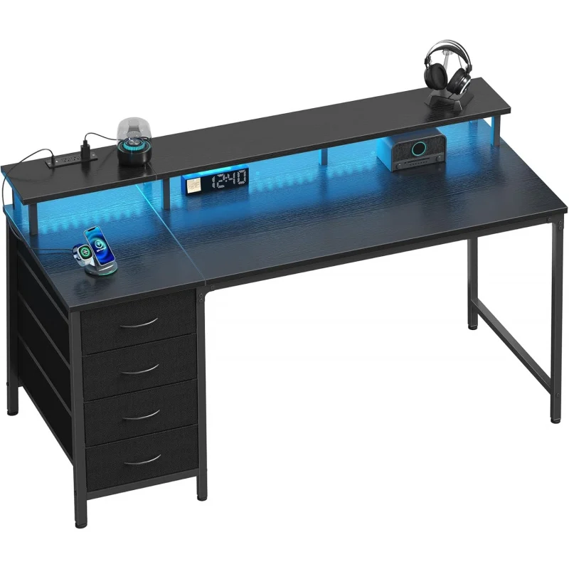 

4-drawer office desk with power outlets and LED lights. 39-inch black computer desk with shelf for small spaces.
