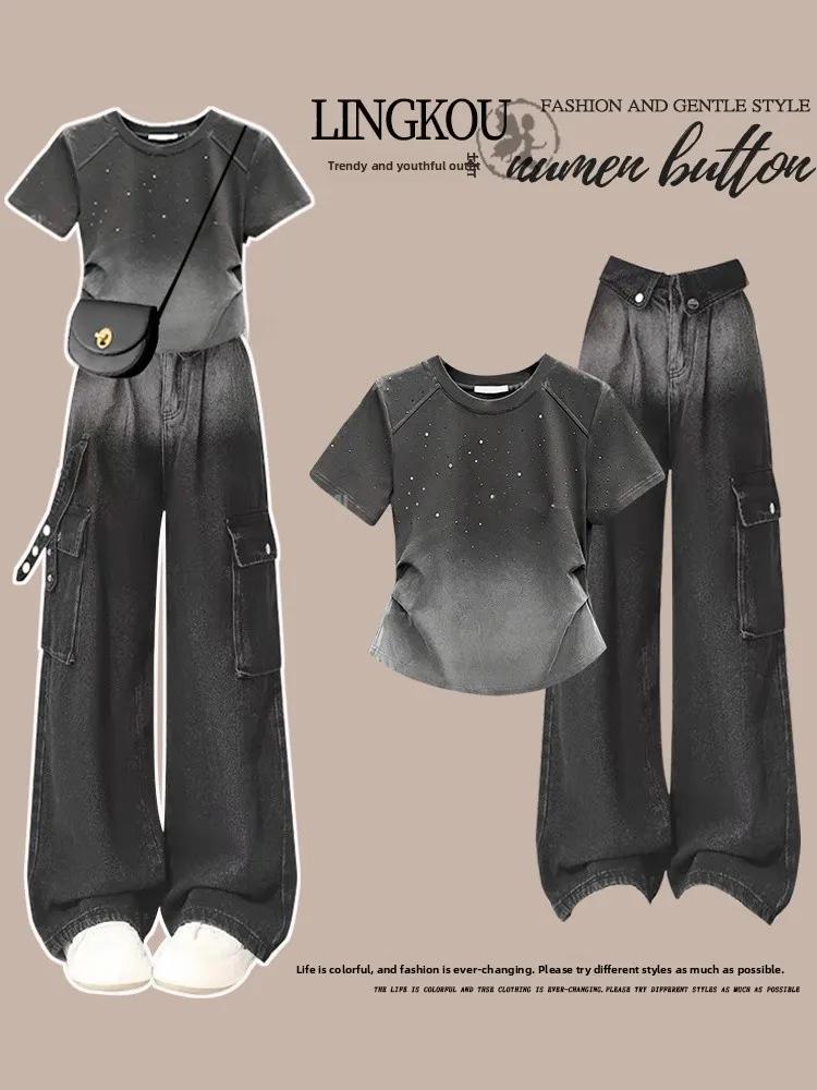 

Summer Outfit Set Women's Large Size Salt System Short Sleeve T-Shirt Top Jeans Workwear Pants Two-Piece Set Fashionable Casu...