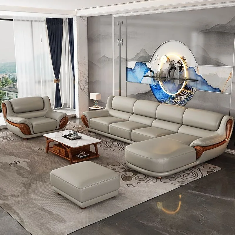 Modern simple small and medium-sized solid wood living room leather high-end villa furniture leather sofa