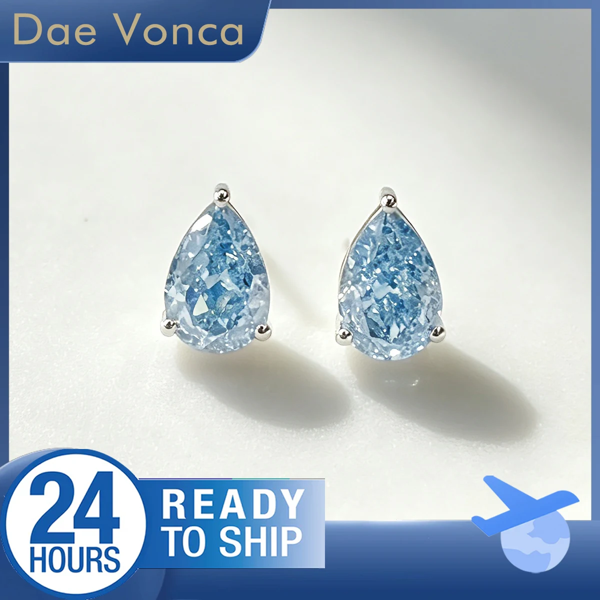 Blue Pear Cut Lab Created Diamond Stud Earrings 18K White Gold Lab Diamond Solitaire Style Earrings Fine Jewelry For Women