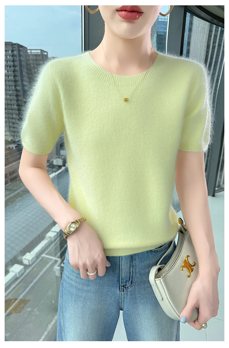 Neuer gestrickter Damen-Pullover aus 100 % Nerz-Kaschmir mit kurzen Ärmeln, einfacher und vielseitiger Damen-Pullover mit O-Ausschnitt der Marke FRSEUCAG – Detail 13