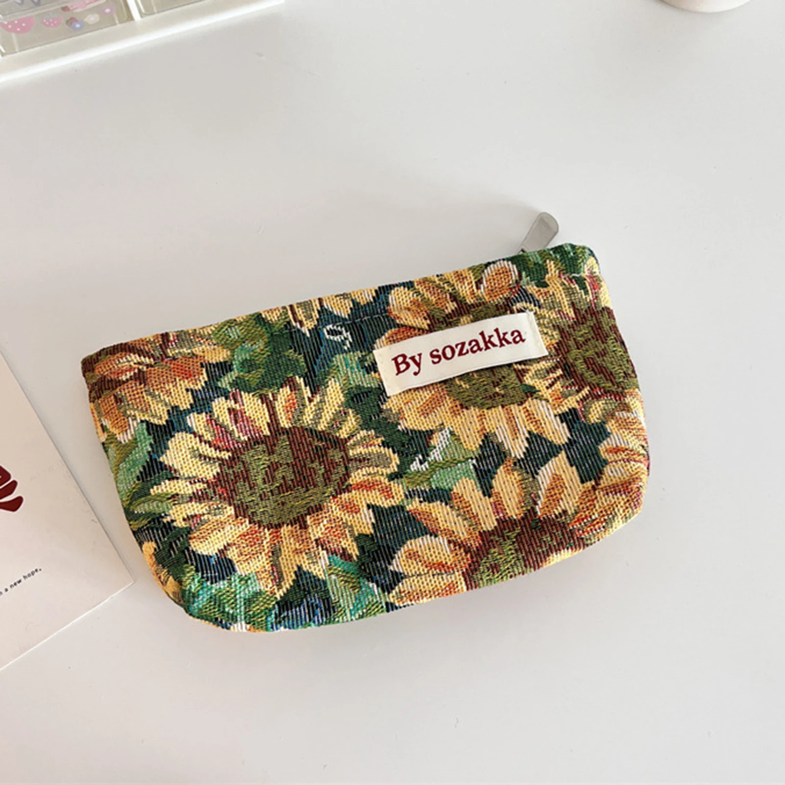 Bolsa de maquiagem estética com flores, bolsa de maquiagem fofa com zíper, presente de aniversário para mulheres e meninas