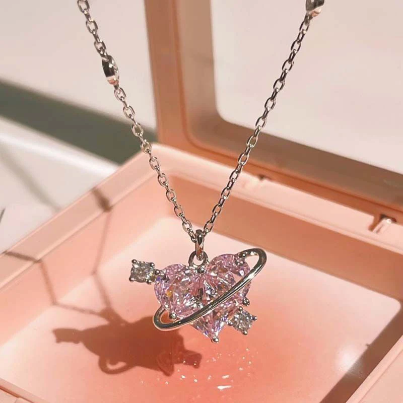 Y2K Luxury Pink Zircon Crystal Heart Pendant Necklace for Women Clavicle  Birthday Party Anniversary Gift Jewelry mujer