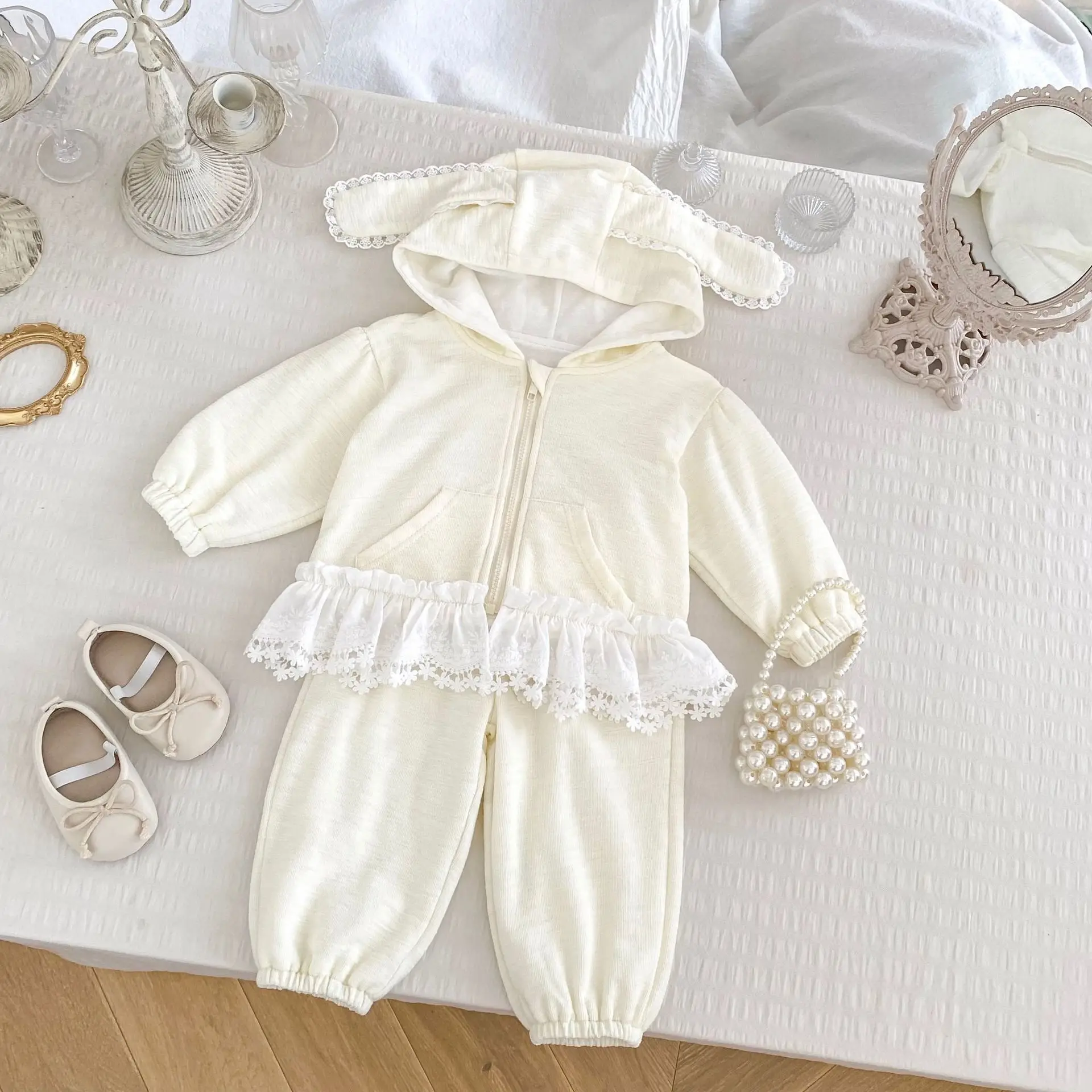 

Girls 2 Piece Set 2025 Autumn New Solid Cute Bunny Ear Hooded Lace Top Long Pants Cardigan Set