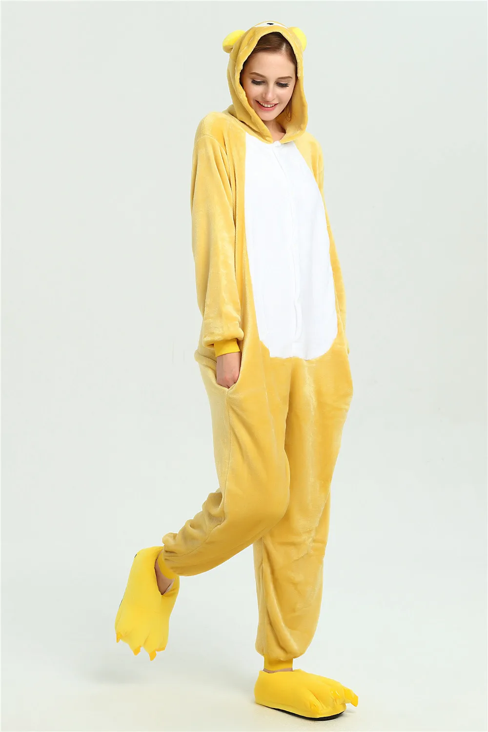 Cute Yellow Lazy Bear Hooded Flannel One-piece Hooded pajamas Button Onesie Couple Cosplay Sleepwear with Pockets