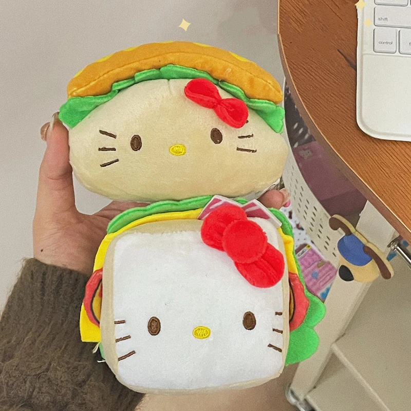 Hambúrguer olá kitty brinquedo de pelúcia chaveiro sanrio kt gato macio pelúcia boneca pingente carro chaveiro mochila saco decoração presente do miúdo