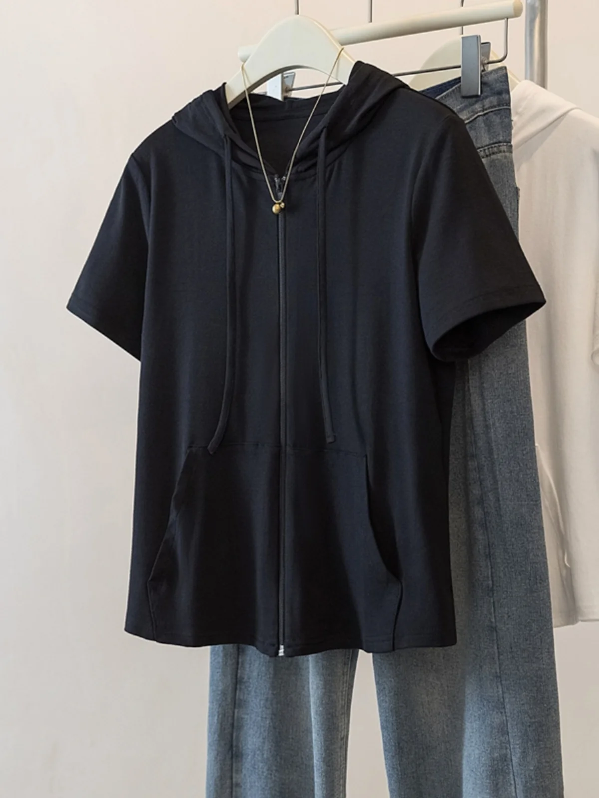 Slimming Effect Hooded Short Sleeve Zipper T-Shirt Women's Summer New plus Size Casual High-End Feelings Shoulder-Appropriate...