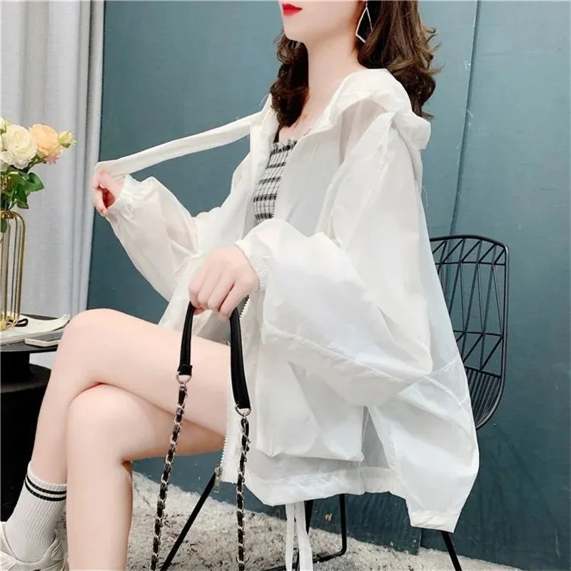 2024 New Summer Thin Jacket Women Casual Loose Zipper Windbreaker Coat Female hooded Splice print Sun Protection Clothing T130