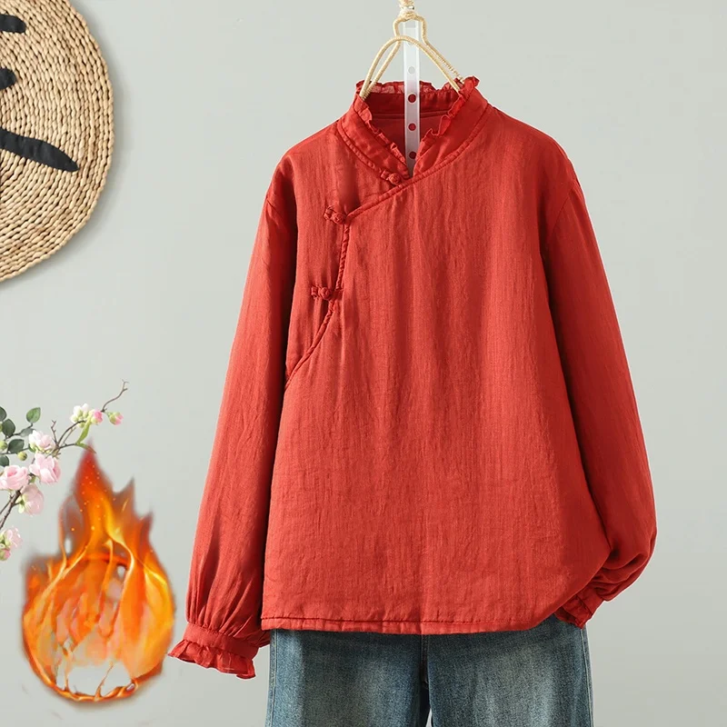 سترة قطنية رفيعة مع أزرار مرقعة من الدانتيل مُزينة بنقشة الزهور، ملابس قطنية صغيرة ذات ياقة مائلة للسيدات، خفيفة الوزن #2