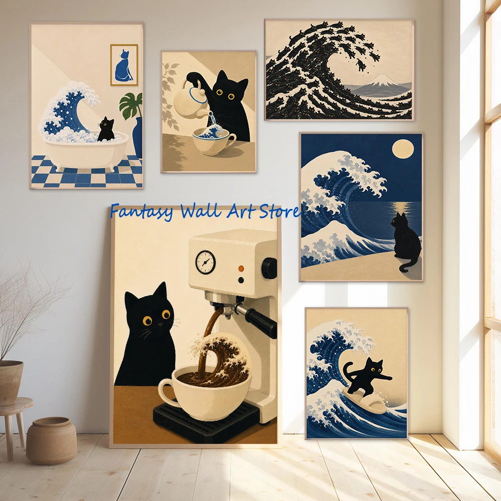 Great Wave Balck Cat Japanese Vintage Painting Inspired Modern Art Poster Funny Balck Cats Home Room Decor Canvas Prints Decor