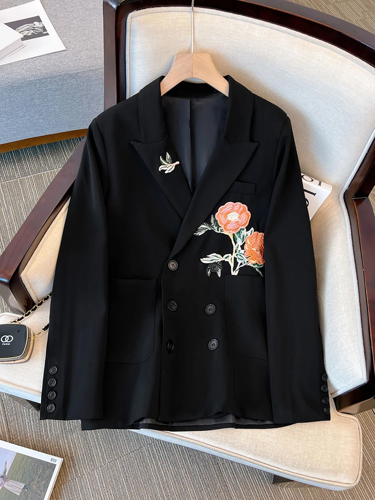 Y2K Black Women Blazers 2023 Fashion Long Sleeve Turn Down Collar Jacket Oversized Double Breasted Office Ladies Flower Coats