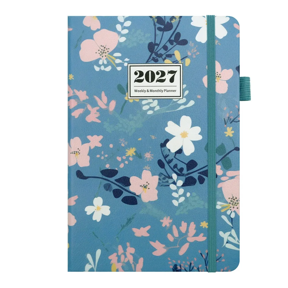 English 2027 Schedule Planner Notepad 12 Months Flower Design A5 Agenda Planning Notebook Simple Leather Cover