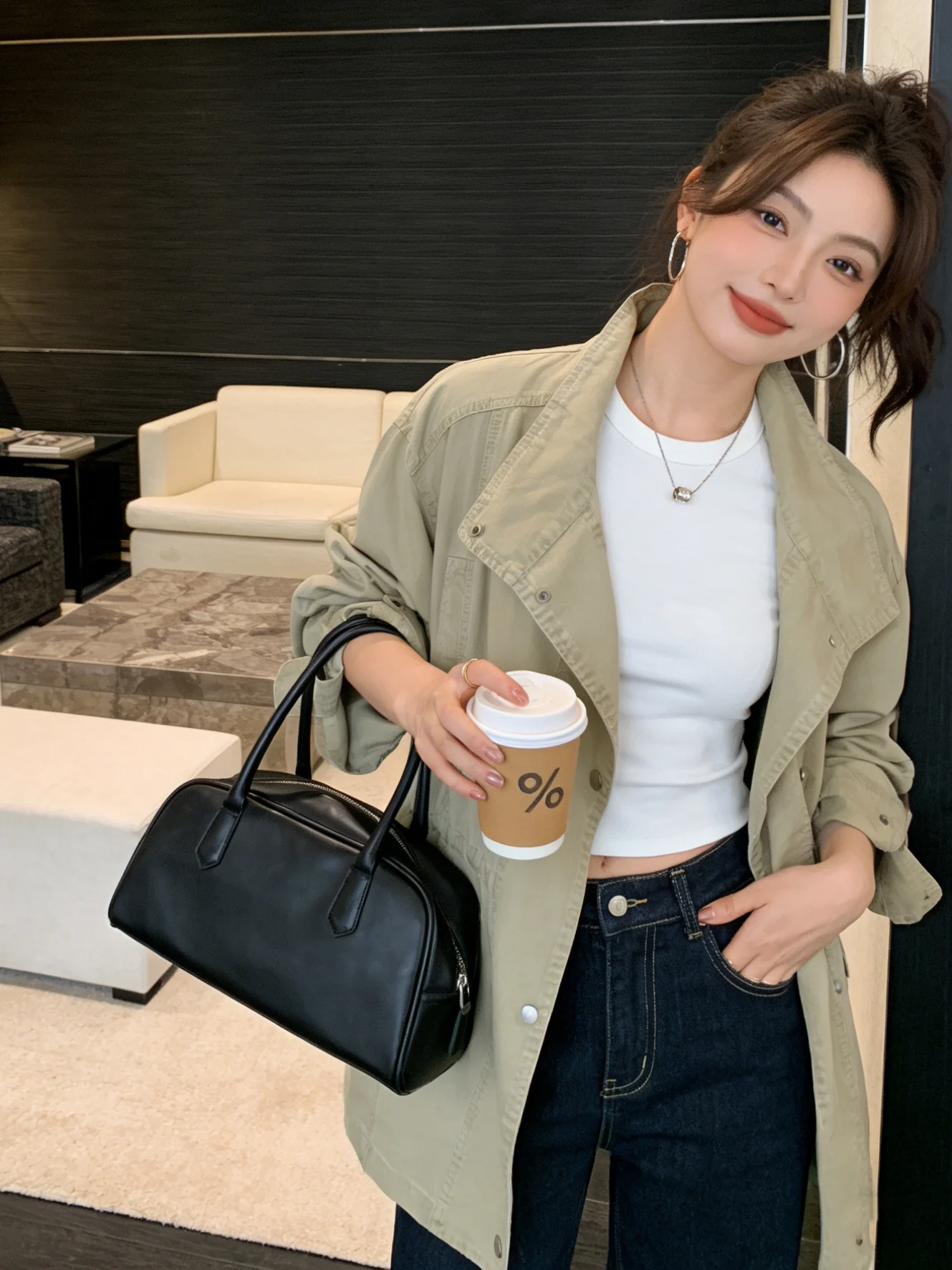 

Dstring Waist Korean Sle Retro Workwear Jaet Stand Collar Casual Mid-Length Coat Top Spring Versatile New Model