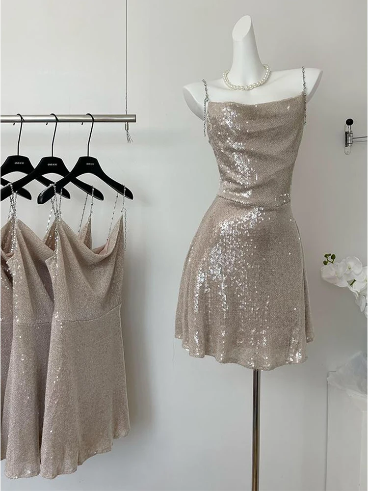 

Women A-line Evening Dress Vintage Sleeveless Sequins Mini Dresses Y2k Elegant Party Club One Piece Frocks 2000s Clothes Summer