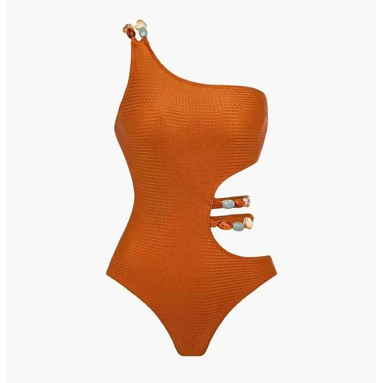 FLAXMAKER Stones Beaded Halter Lace Up One Piece Swimsuit and Skirt  Summer Swimwear  Women  Beachwear Bathing Suit