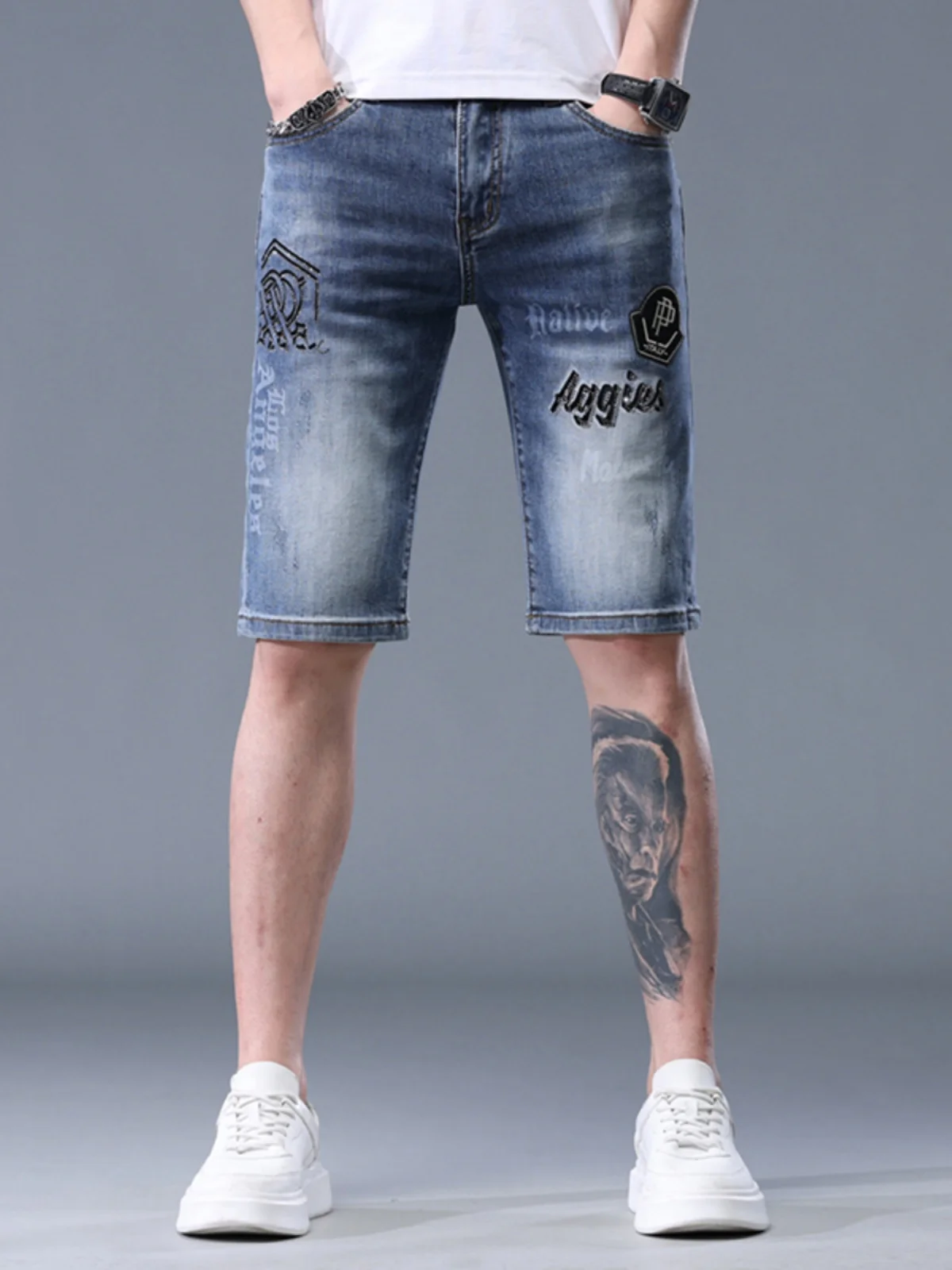 

Summer High-End Rhinestone Embroidered Jeans Men's Slim Straight Mid-Length Printed Elastic Versatile Five-Quarter Pants