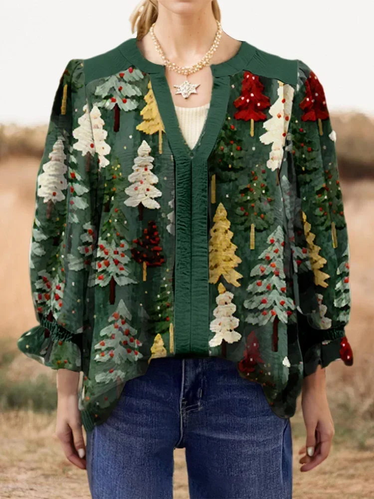

Christmas Tree Contrast Print Women Top Christmas Tree Print Blouse V-Neck Long Sleeve Graphic T-shirts Cute Outfits For Women