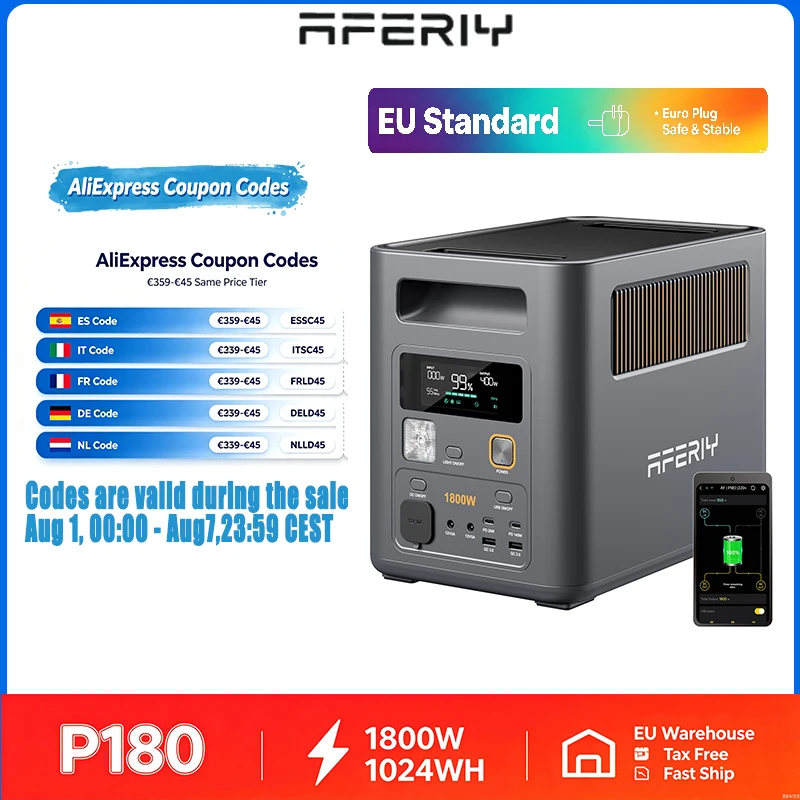 AFERIY-P180 Energy Storage Power Supply 1800W 1024Wh Battery (3600W) Peak Power Outdoor Camping Household Portable Power Supply