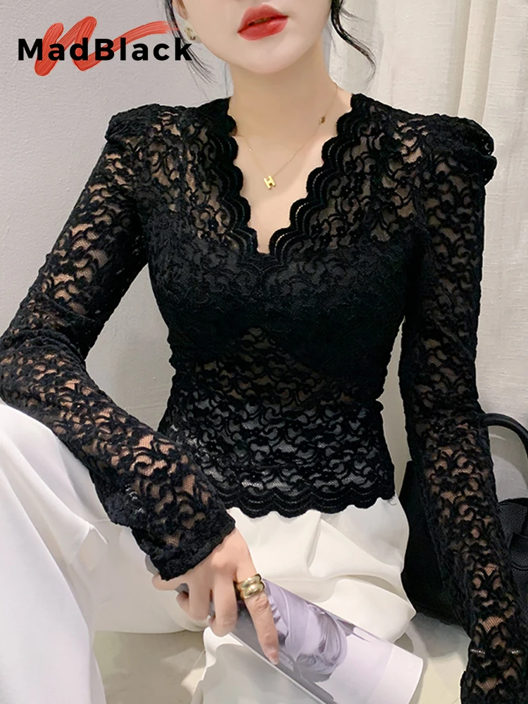 MadBlack nowe europejskie ubrania Tshirt kobiety Sexy V dekolt Slim koronkowe topy długi rękaw bufka koszulki jesień zima nowa T30401JC
