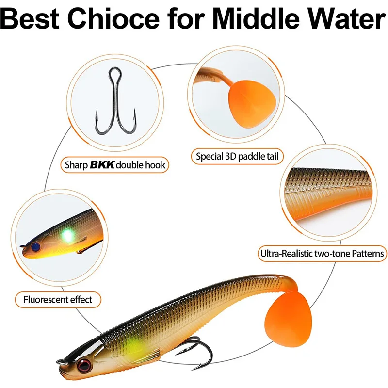 TRUSCEND 5pcs Soft Fishing Lures 12cm/20g Jig Head with T Tail Artificial Baits Wobblers Swimbait Fishing 1:50 Super Durable TPE