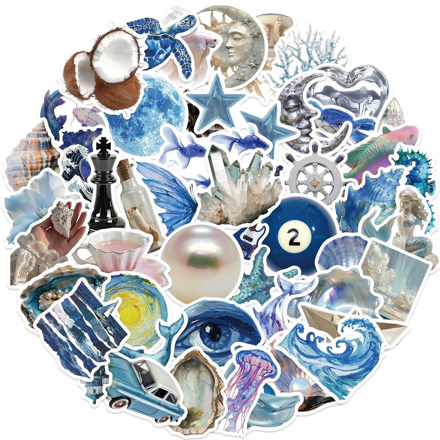 50pcs Ins Wind Blue and Silver Ocean Stickers Aesthetic Cartoon Stickers For Laptops Luggage Skateboards Scrapbooks Guitars