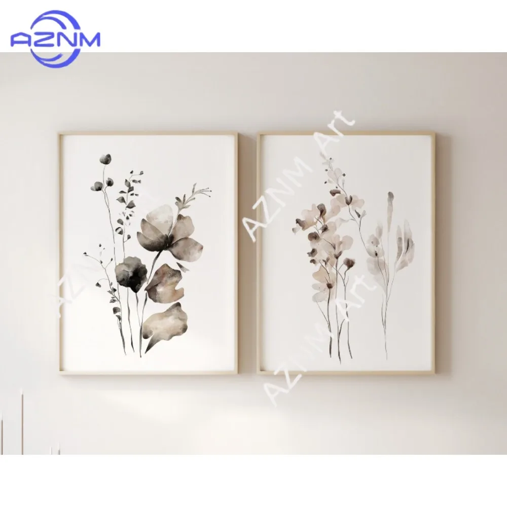 1/2 Stück botanische Kunstdrucke auf Leinwand – Aquarell-Blätter und Blumen, minimalistische Wandkunst, Paar elegante Wandkunst in neutralen Tönen für Zuhause