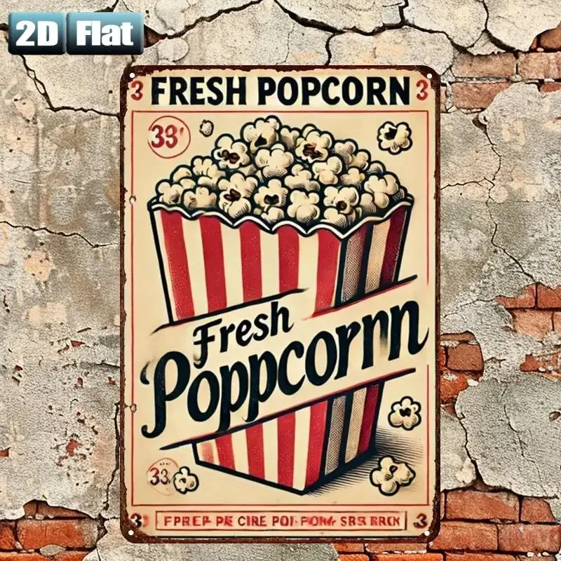 Vintage Rectangle Metal Tin Sign Fresh Popcorn 39 Cents Red White Striped Popcorn Bucket Retro Movie Theater Snack 2D Flat Not 3D Rustic Distressed Wall Plaque Pre‑Drilled Holes Home Theater Cinema Kitchen Bar Man Cave Wall Hanging Decor