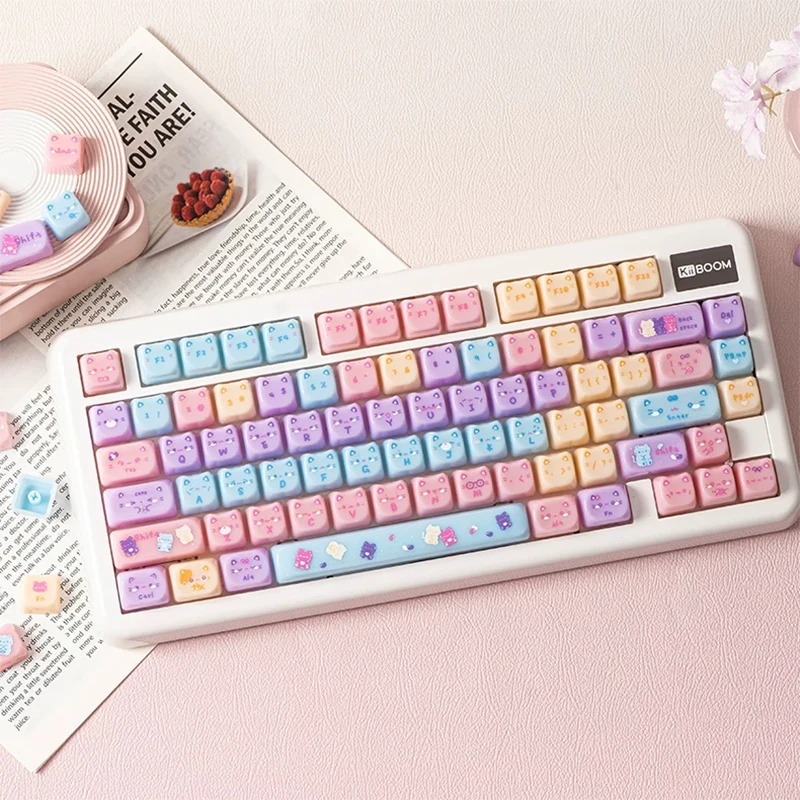 New Jelly Jade Cute Cat Keycaps,134 Keys Translucent PC MAO Profile Key Cap For MX Switch Mechanical Keyboard 60% 75% 80% 100%