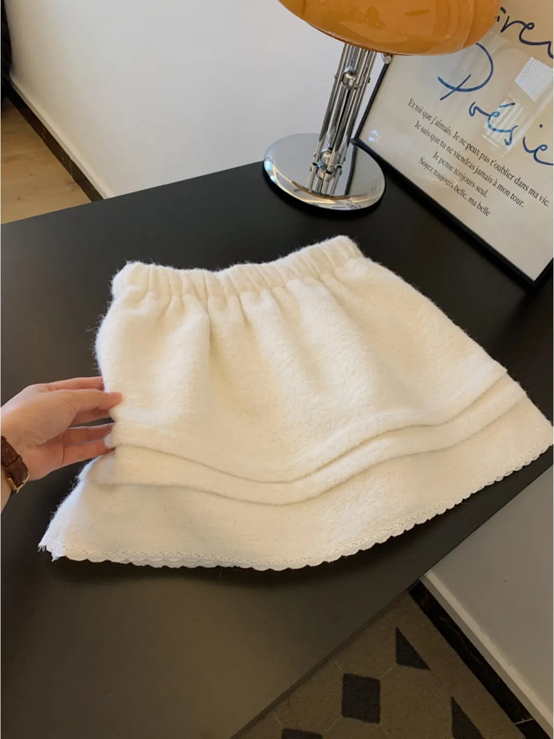 Women White Lace Patchwork Mini Skirt Vintage Y2k Gyaru Woolen Skirt Harajuku Korean Style Wrap Skirts 2000s Clothes Spring 2026