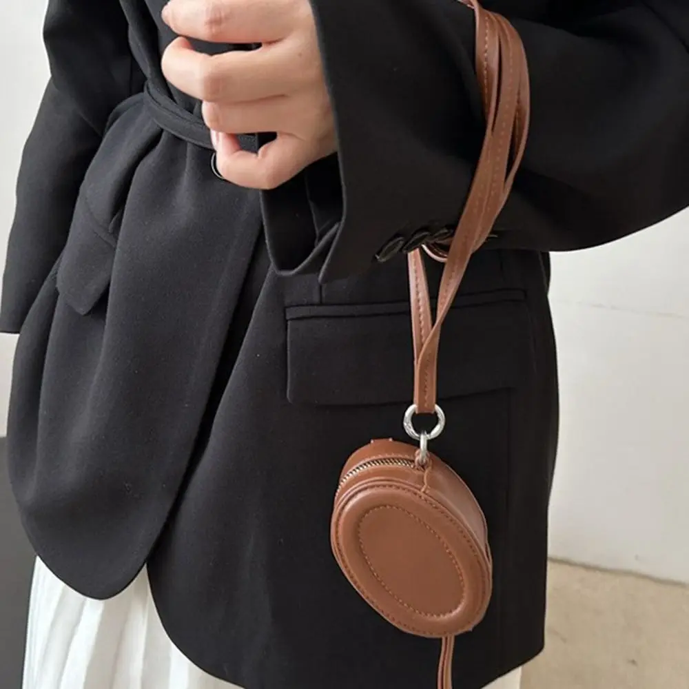 Ins PU Leather Hanging Neck Coin Purse Oval Round Earphone Bag Cute Purse Lanyard Wallet Streetwear