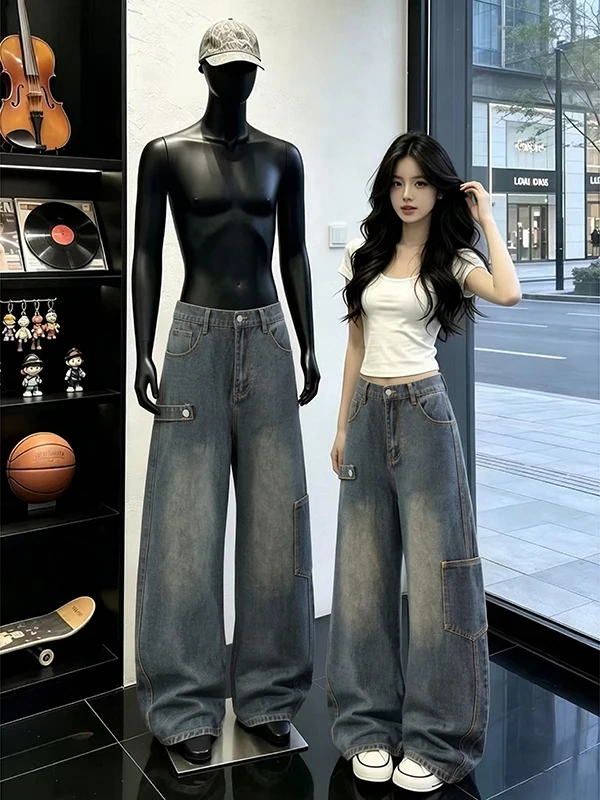 Calças Jeans Americanas Retrô com Efeito Degradê Lavado, Unissex, Outono, Soltas, com Bolsos Grandes, Estilo Preguiçoso, Pern...