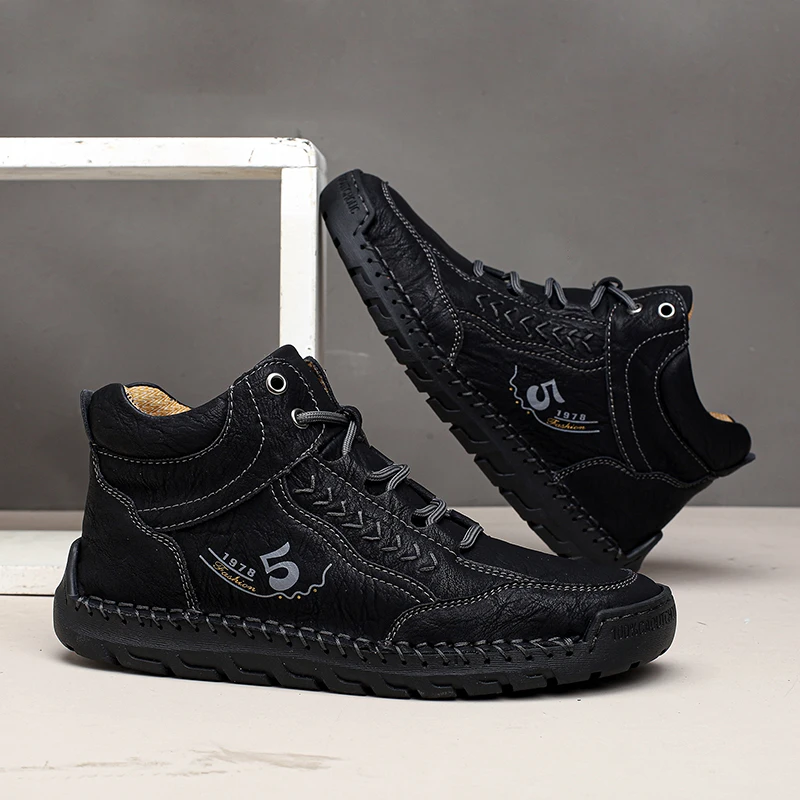 Nowe Jesienno-Zimowe Ręcznie Robione Skórzane Męskie Buty Outdoorowe Designerskie Sneakersy Oddychające Casualowe Skórzane Botki Plus Size Czarne