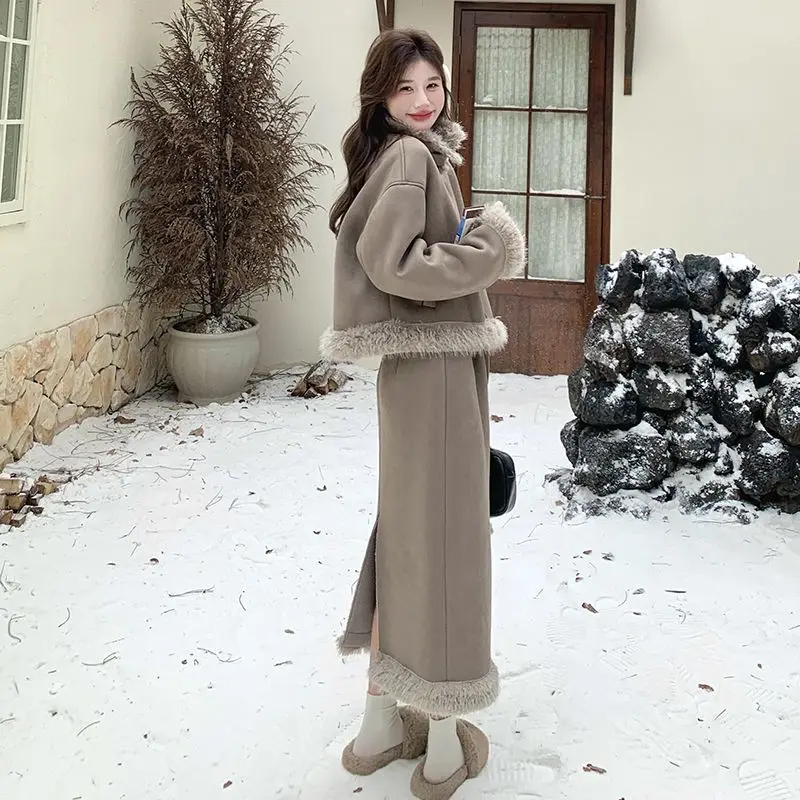 

Korea Two-Piece High-End Lamb Wool Long-Sleeved Jacket Light Mature Style Warm Thickened Skirt Women'S Winter Suit