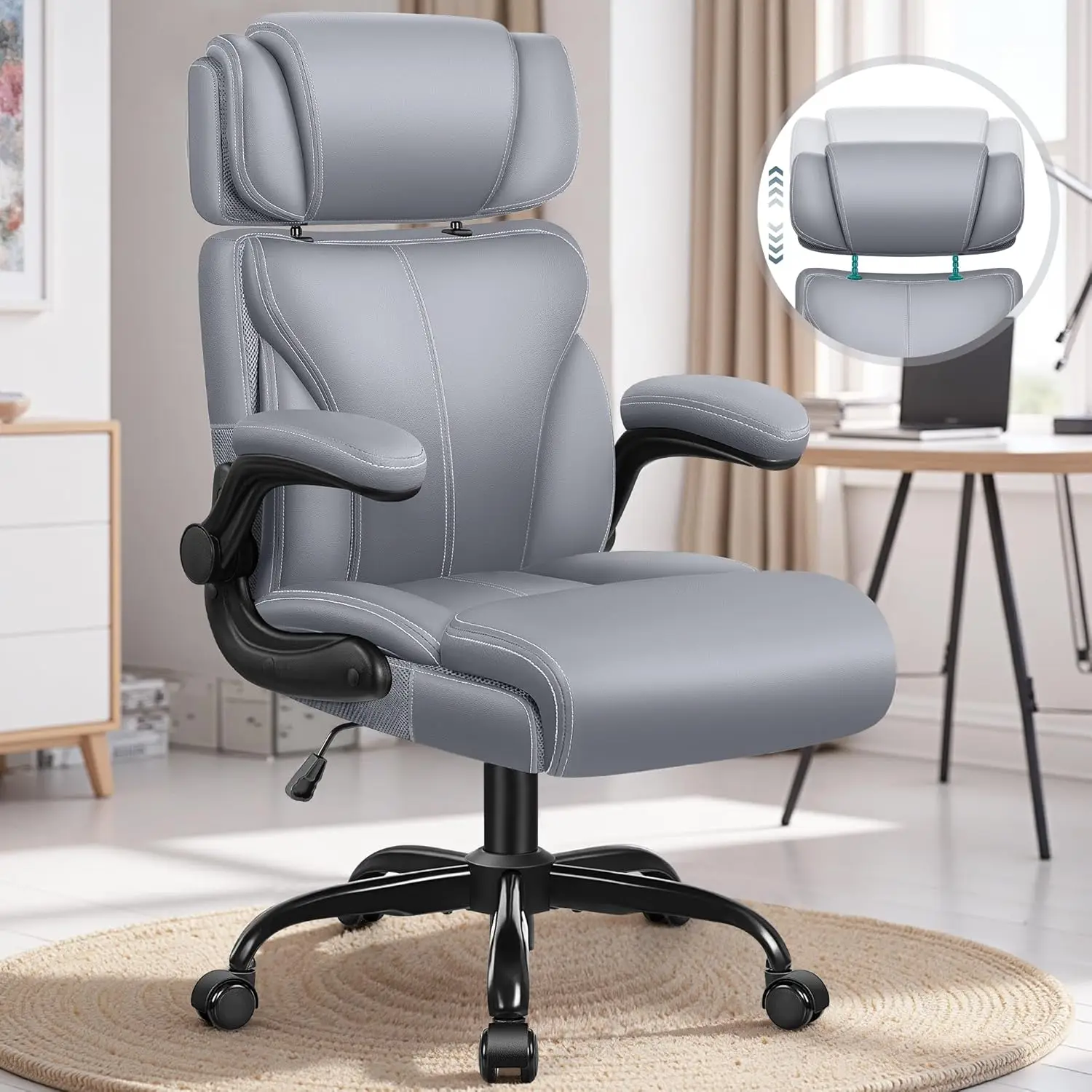 

Office Chair, Ergonomic Big And Tall Computer Desk Chair With Retractable Adjustable Headrest, Executive Breathable Leather