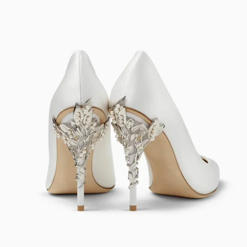 

Glossy Pearls Studs Silver Metal Leafs Wrap High Heel White Silk Pumps Woman Flower Branch Heel Pointed Toe Wedding Shoes