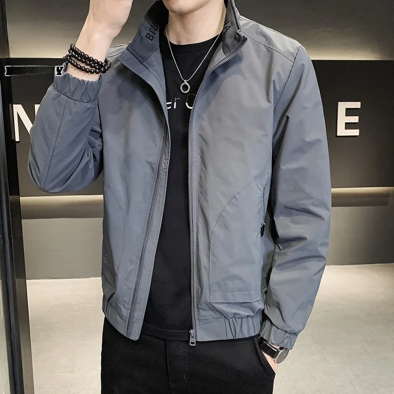 

Men's Stand Collar Jaet Casual Spring Outerwear Faionable Polyester Long Sve Zipper Decorated Anti-Wind Coat
