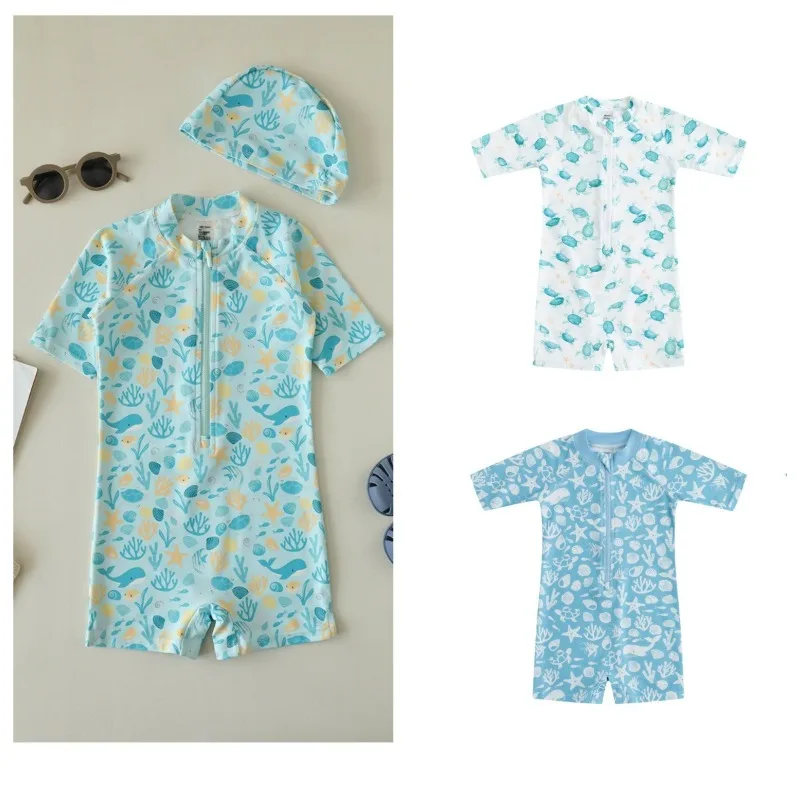 Kids Swimsuits Baby Swimwears  Boys One Piece Swimsuit 1-7Y Coral Sailboat Cartoon Quick Dry Boy Hot Spring Bathing Suit