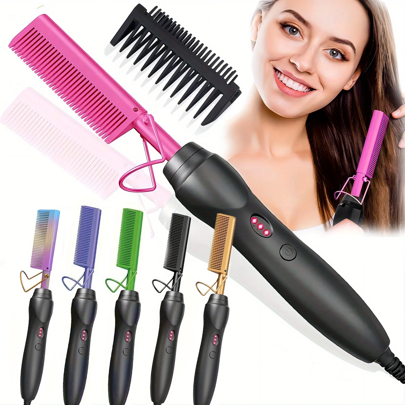 Electric Heated Straightening Brush & Hot Comb, Hair Straightener Styling Tool for Natural Hair, Beard & Wigs, Heated Hair Brush for Smoothing & Styling, Easy-to-Use Hair Styling Tool for Home & Travel, Includes 2 Hair Clips & 1 Comb