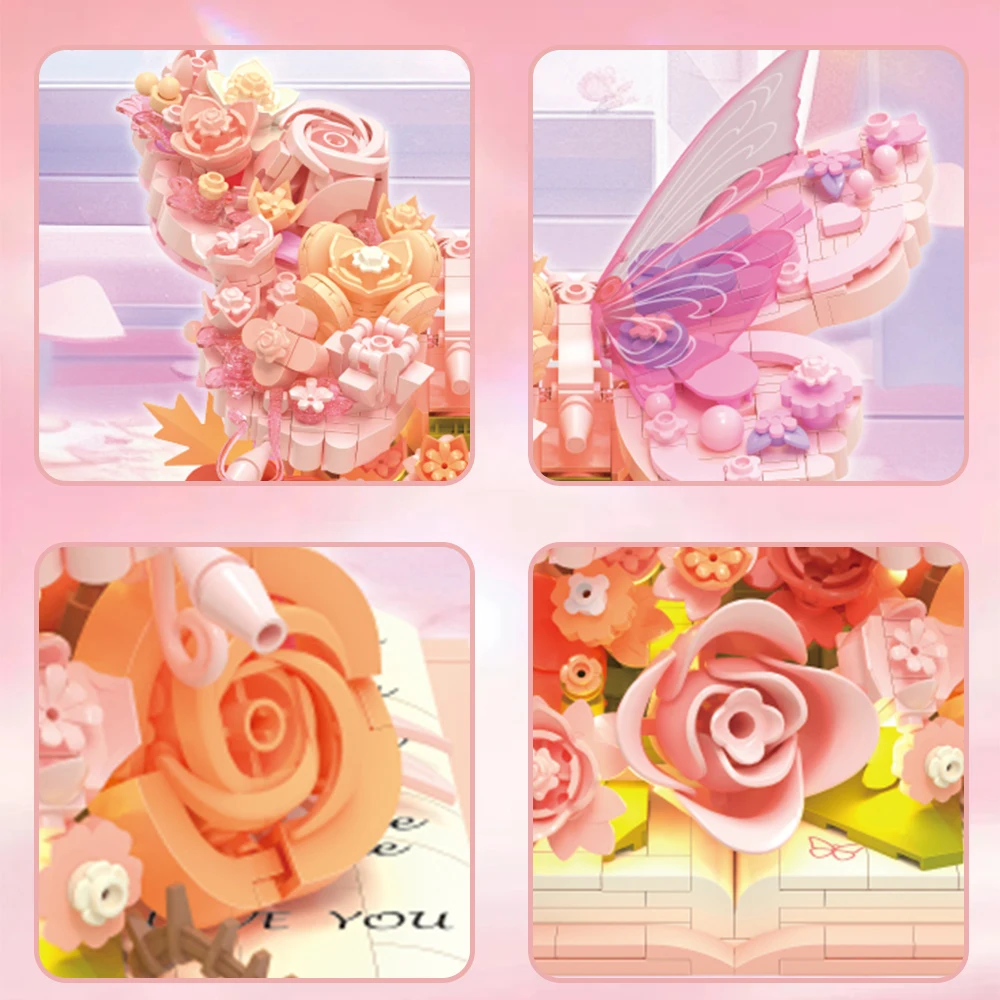 Nuevo libro de rompecabezas 3D, modelo de ramo de mariposas, conjunto romántico DIY, regalo de cumpleaños para niñas, niños, 850 Uds., dispositivo de iluminación, bloques de construcción