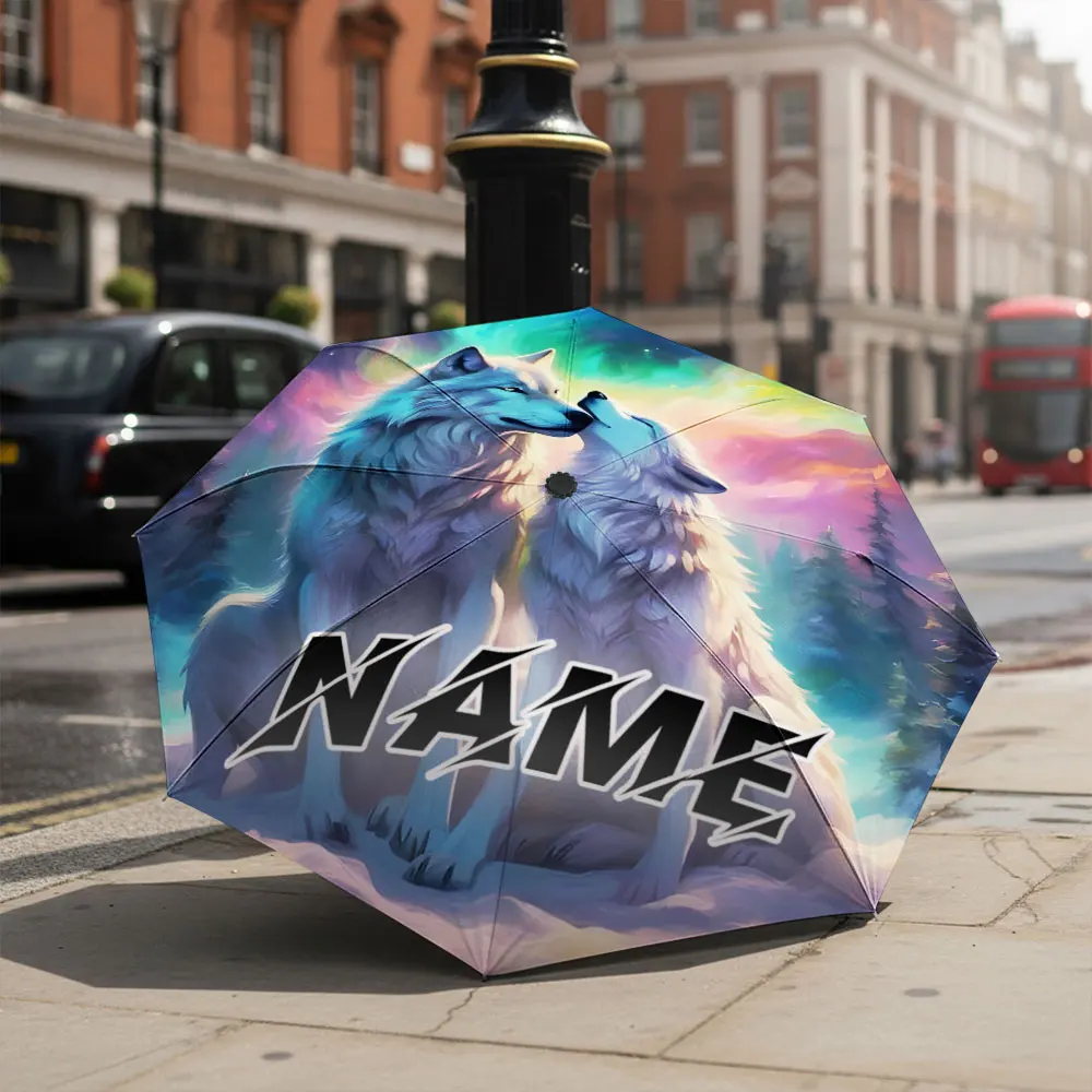 Custom Name umbrella, Wolf Couple Under Aurora Borealis Umbrella Design Fashion  Folding Umbrella for Daily Use, Christmas Gift