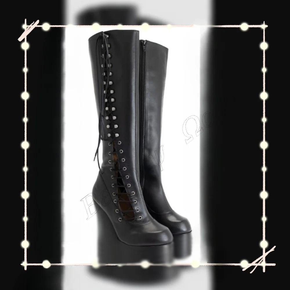 

Black Wedges Heel Side Hollow Boots Lace up Tied Strange Style Men Heels Long Shoes for Women Shoes 2025 Zapatos Para Mujere