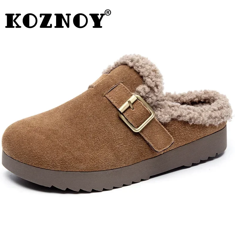 Koznoy 2.5cm étnico camurça de vaca couro genuíno inverno pelúcia quente feminino apartamentos lazer deslizamento em chinelos primavera outono sapatos confortáveis