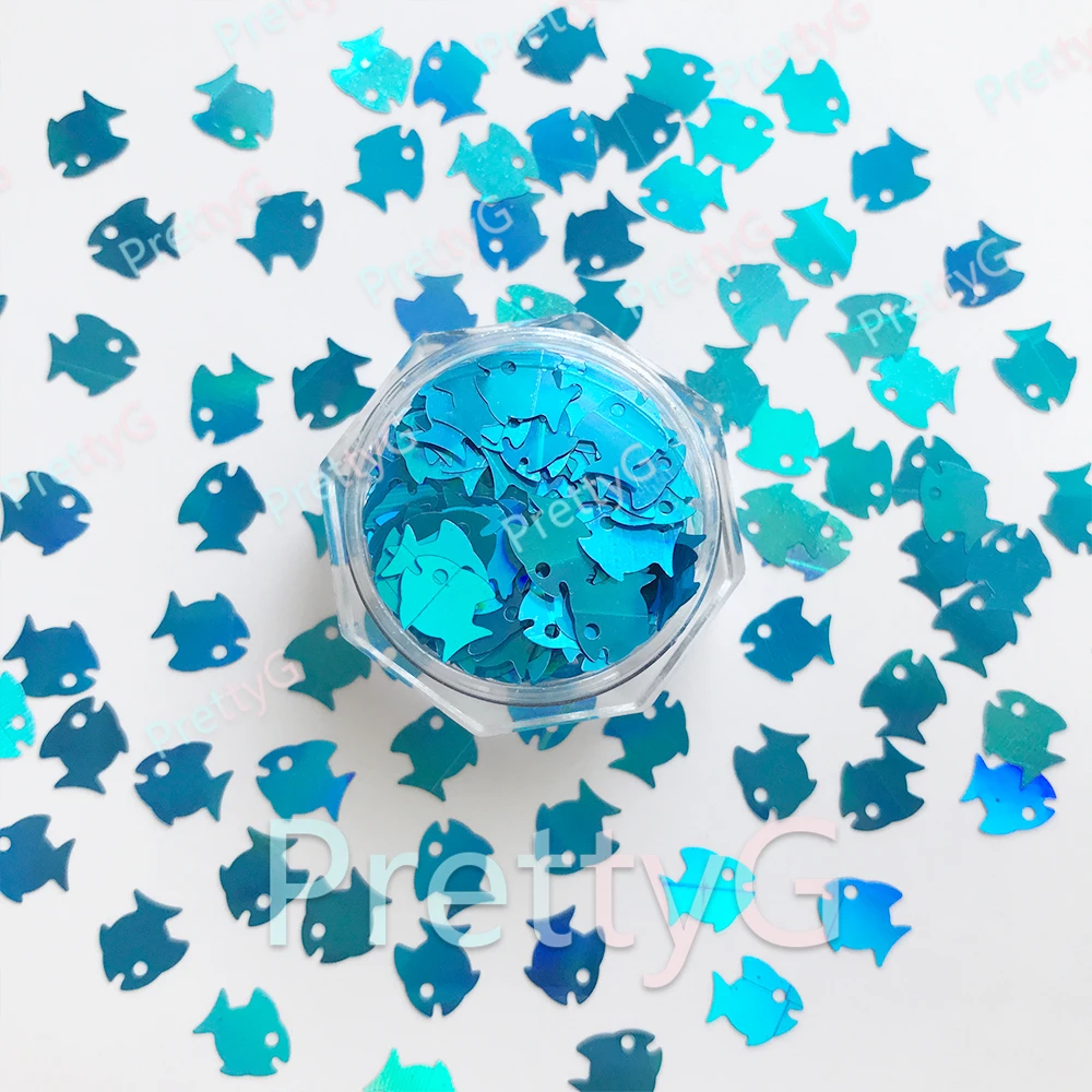 PrettyG 1 Box 7mm Blue Seafish Glitter Shape Marine Animals Holographic Glitter For DIY Nails Art Decorations Accessories