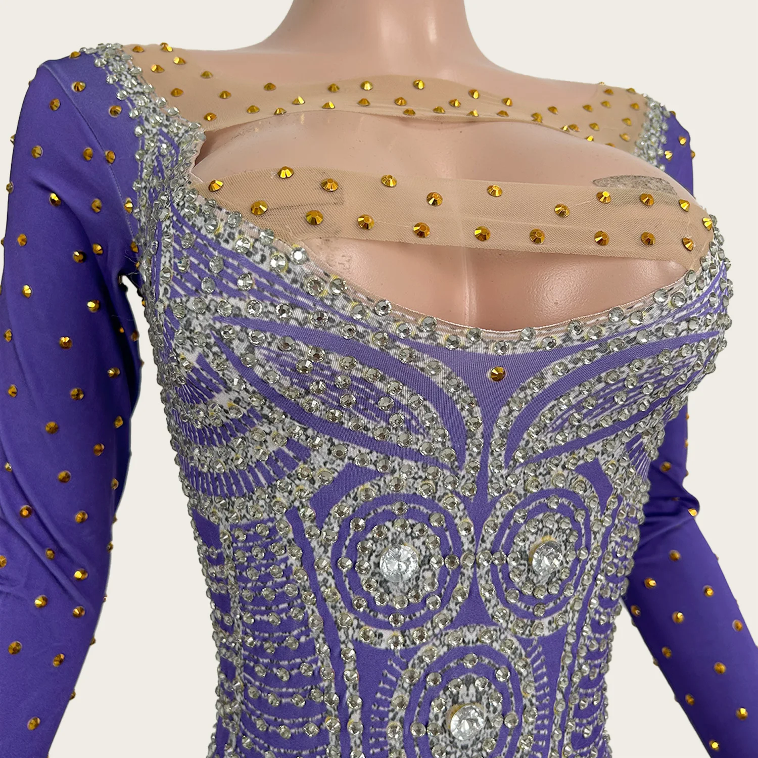 Purple Tight Fitting Jumpsuit Drag Queen Performer Wear Rhinestone Spandex Elastic Long Sleeves Jumpsuit Club Party Outfit Zijin