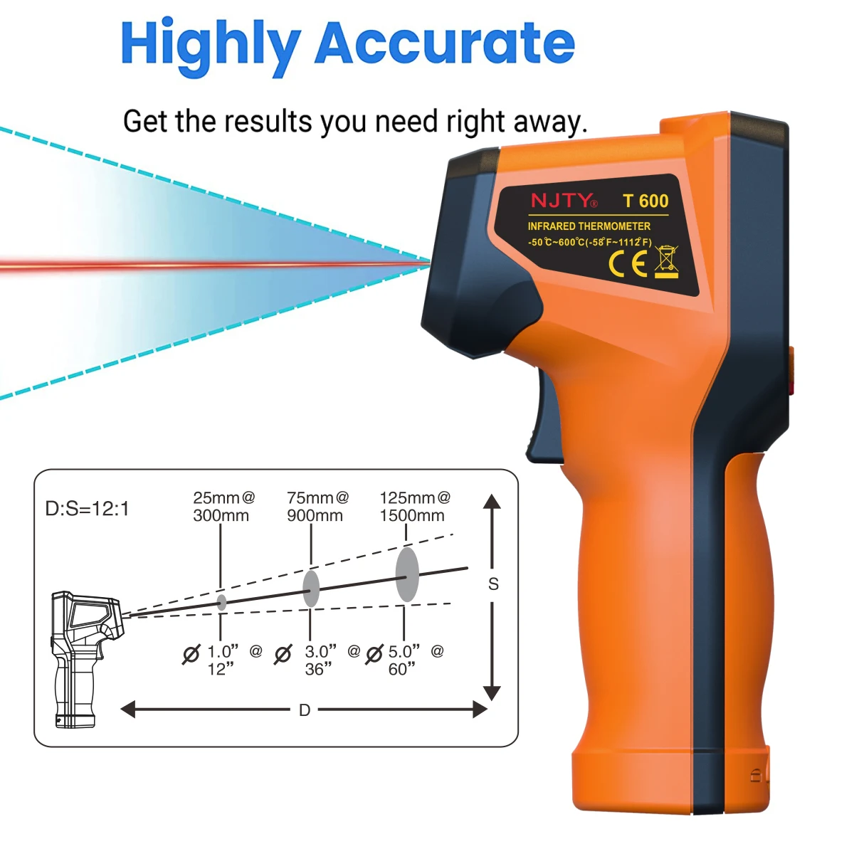 NJTY T600 T600A Infrared Thermometer Non-contact Industrial Temperature Gun - 58°F~1112 °F HD Backlit Screen for Household Use