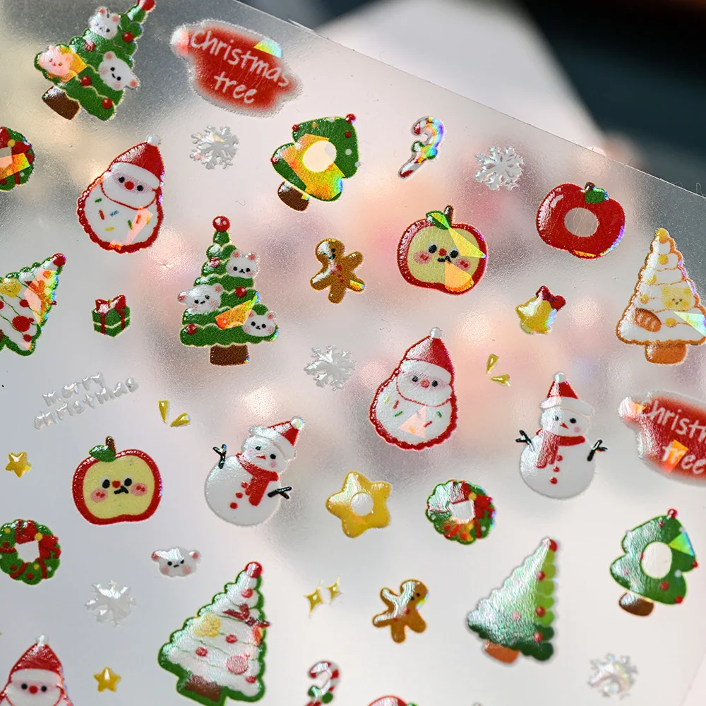 新しいクリスマス5Dレリーフネイルステッカー、自己粘着グリッター、クリスマスのクマ、ツリー、雪だるま、リース、ホリデーデカール、クリスマスステッカー