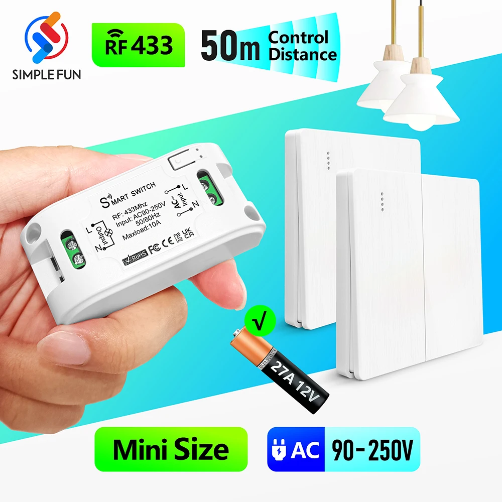 

Wireless RF 433MHz Remote Control Switch AC 110V 220V 10A Mini Relay Receiver and Push Button Switch for Light Lamp Fan ON/OFF