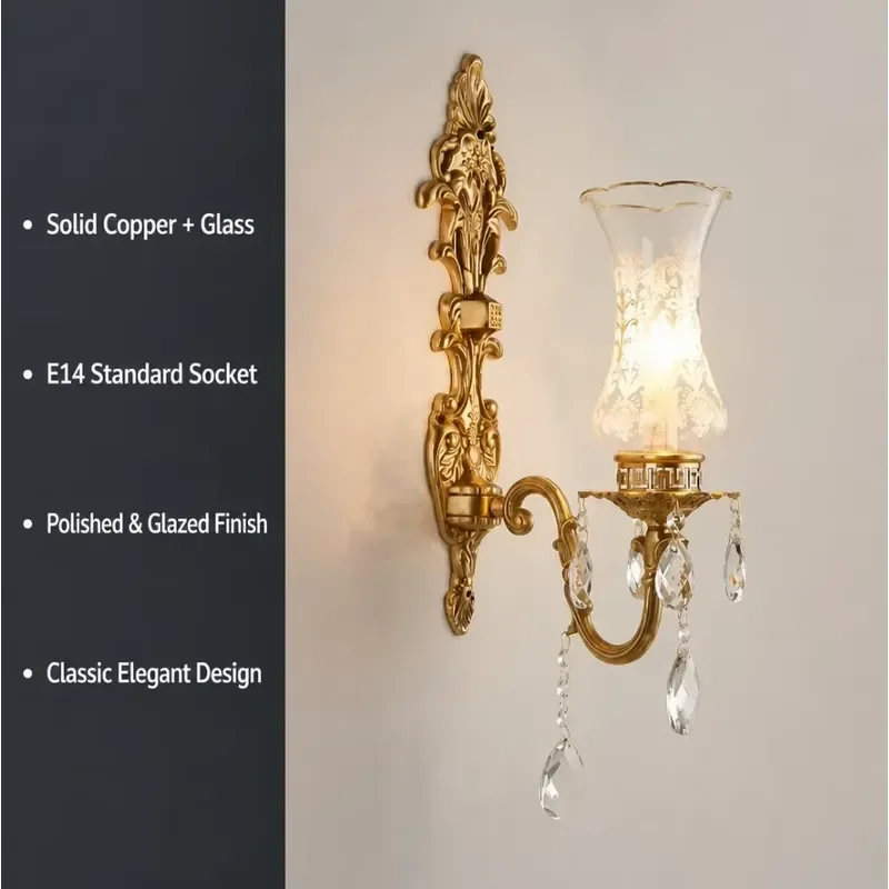 Wall Sconce Copper Crystal Classical Etched Glass Shade E14 Indoor Living Room Bedroom Hallway Hotel Decorative Lamp